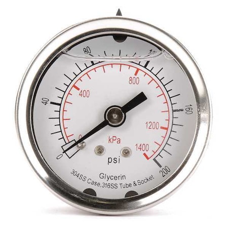 Zoro Select Commercial Pressure Gauge, 0 to 200 psi, 2 in Dial, 1/4 in NPT, Center Back Location 4CFP3
