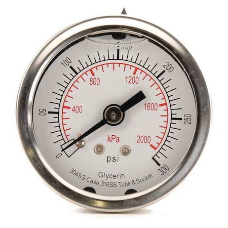 Zoro Select Commercial Pressure Gauge, 0 to 300 psi, 2 in Dial, 1/4 in NPT, Center Back Location 4CFP4