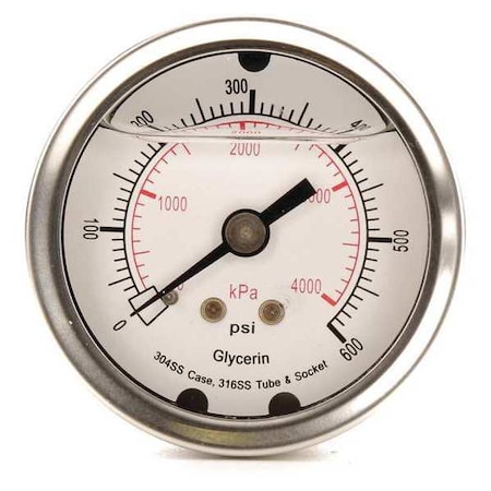 Zoro Select Commercial Pressure Gauge, 0 to 600 psi, 2 in Dial, 1/4 in NPT, Center Back Location 4CFP6
