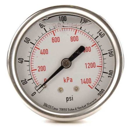 Zoro Select Commercial Pressure Gauge, 0 to 200 psi, 2 1/2 in Dial, 1/4 in NPT, Center Back Location 4CFR8