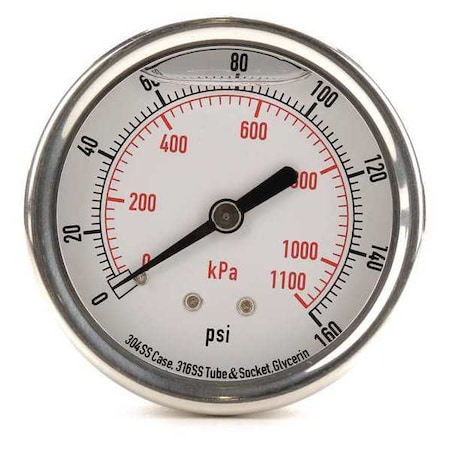 Zoro Select Commercial Pressure Gauge, 0 to 160 psi, 2 1/2 in Dial, 1/4 in NPT, Center Back Location 4CFR7