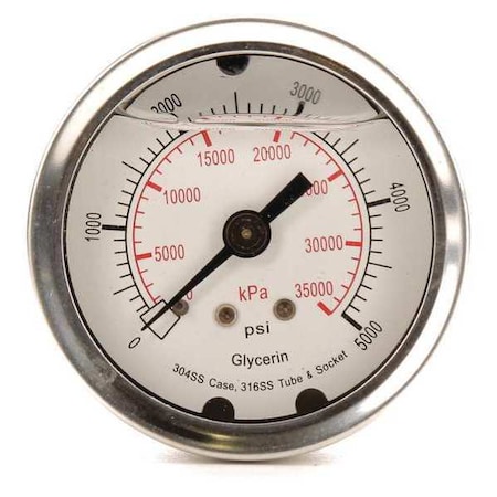 Zoro Select Commercial Pressure Gauge, 0 to 5,000 psi, 2 in Dial, 1/4 in NPT, Center Back Location 4CFR1