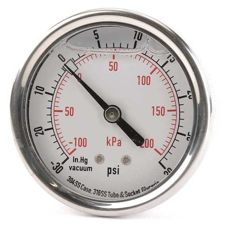Zoro Select Commercial Compound Gauge, 30 to 0 to 30 psi, 2 1/2 in Dial, 1/4 in NPT, Center Back Location 4CFR3