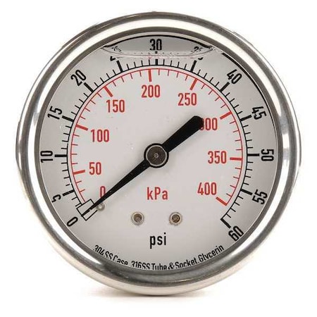 Zoro Select Commercial Pressure Gauge, 0 to 60 psi, 2 1/2 in Dial, 1/4 in NPT, Center Back Location 4CFR5