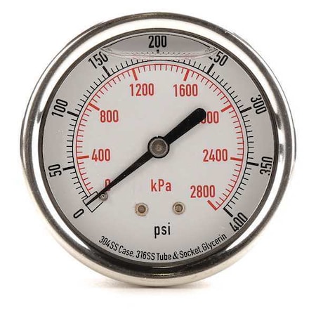 Zoro Select Commercial Pressure Gauge, 0 to 400 psi, 2 1/2 in Dial, 1/4 in NPT, Center Back Location 4CFU1