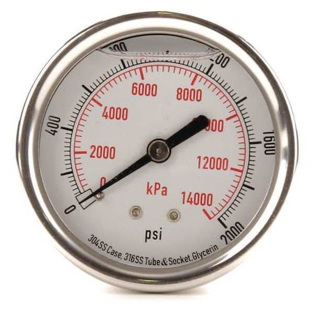 Zoro Select Commercial Pressure Gauge, 0 to 2,000 psi, 2 1/2 in Dial, 1/4 in NPT, Center Back Location 4CFU4