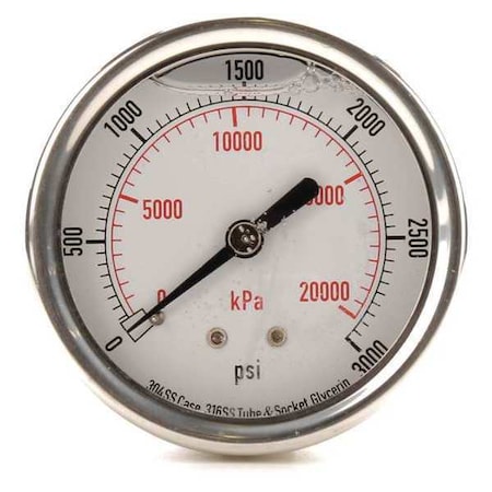 Zoro Select Commercial Pressure Gauge, 0 to 3,000 psi, 2 1/2 in Dial, 1/4 in NPT, Center Back Location 4CFU5