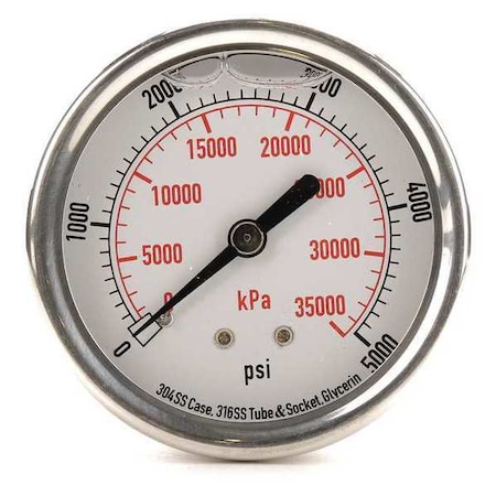 Zoro Select Commercial Pressure Gauge, 0 to 5,000 psi, 2 1/2 in Dial, 1/4 in NPT, Center Back Location 4CFU6