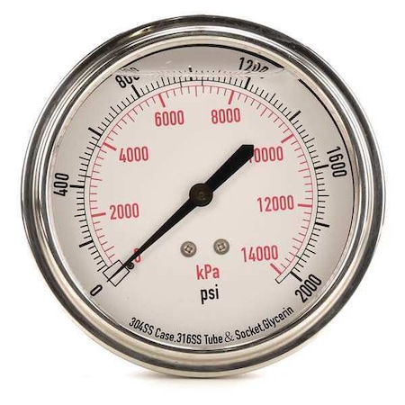Zoro Select Commercial Pressure Gauge, 0 to 2,000 psi, 3 1/2 in Dial, 1/4 in NPT, Center Back Location 4CFV9