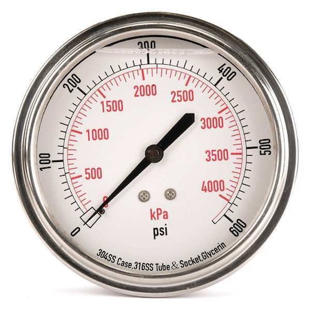 Zoro Select Commercial Pressure Gauge, 0 to 600 psi, 3 1/2 in Dial, 1/4 in NPT, Center Back Location 4CFV7