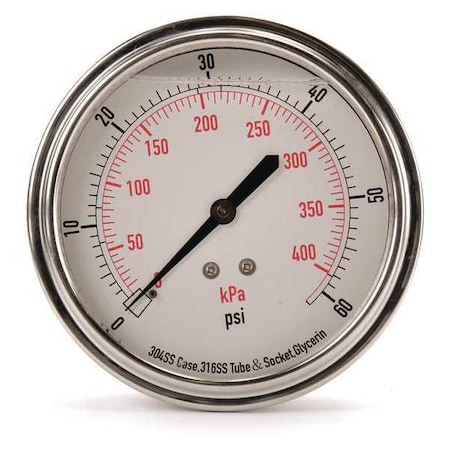Zoro Select Commercial Pressure Gauge, 0 to 60 psi, 3 1/2 in Dial, 1/4 in NPT, Center Back Location 4CFV1