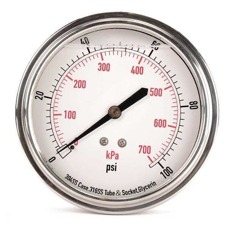 Zoro Select Commercial Pressure Gauge, 0 to 100 psi, 3 1/2 in Dial, 1/4 in NPT, Center Back Location 4CFV2