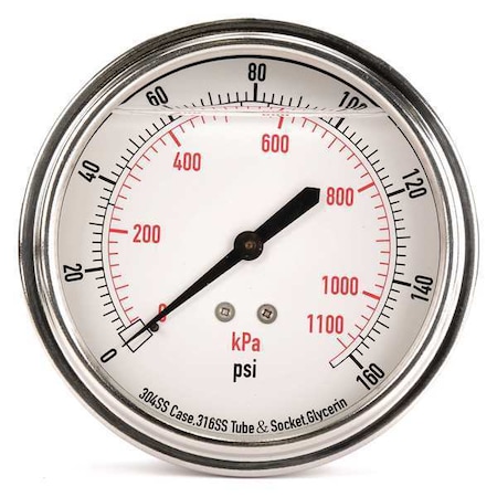 Zoro Select Commercial Pressure Gauge, 0 to 160 psi, 3 1/2 in Dial, 1/4 in NPT, Center Back Location 4CFV3