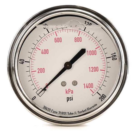 Zoro Select Commercial Pressure Gauge, 0 to 200 psi, 3 1/2 in Dial, 1/4 in NPT, Center Back Location 4CFV4
