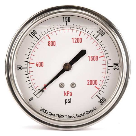 Zoro Select Commercial Pressure Gauge, 0 to 300 psi, 3 1/2 in Dial, 1/4 in NPT, Center Back Location 4CFV5