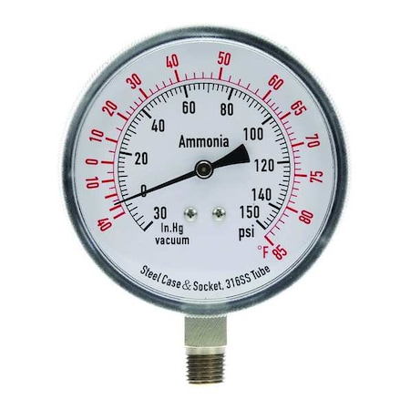 Zoro Select Ammonia & Refrigerant Compound Gauge, 30 to 0 to 150 psi, 3 1/2 in Dial, 1/4 in NPT 4CFW8