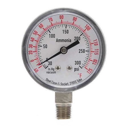 Zoro Select Ammonia & Refrigerant Compound Gauge, 30 to 0 to 300 psi, 2 1/2 in Dial, 1/4 in NPT 4CFW7