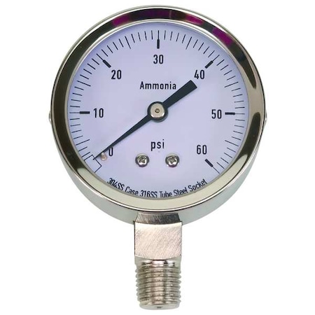 Zoro Select Commercial Pressure Gauge, 0 to 60 psi, 2 1/2 in Dial, 1/4 in NPT, Bottom Location 4CFW3
