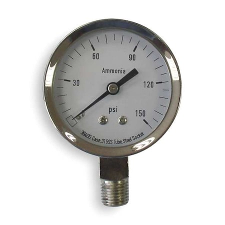 Zoro Select Commercial Pressure Gauge, 0 to 150 psi, 2 1/2 in Dial, 1/4 in NPT, Bottom Location 4CFW4