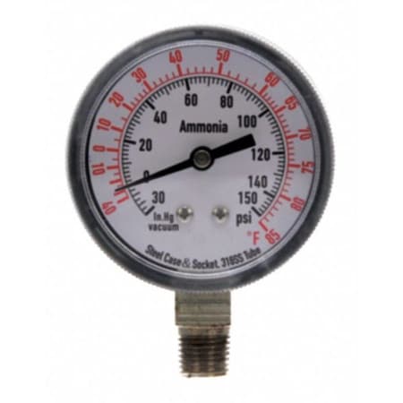 Zoro Select Ammonia & Refrigerant Compound Gauge, 30 to 0 to 150 psi, 2 1/2 in Dial, 1/4 in NPT 4CFW6