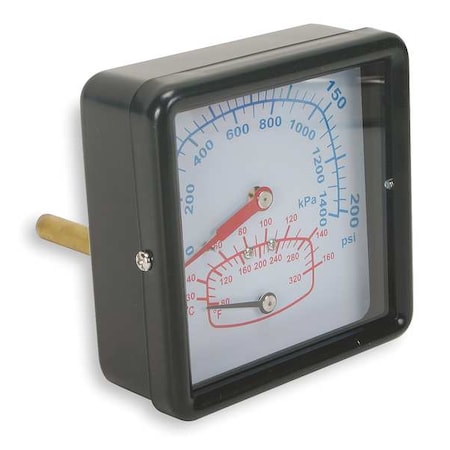 Zoro Select Boiler Gauge, Square, 0-200PSI, 80 to 320 F 4CFC9