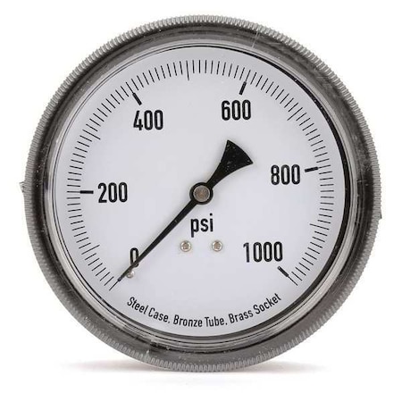 Zoro Select Panel-Mount Pressure Gauge, 0 to 1,000 psi, 3 1/2 in Dial, 1/4 in NPT, Center Back Location 4CFC1