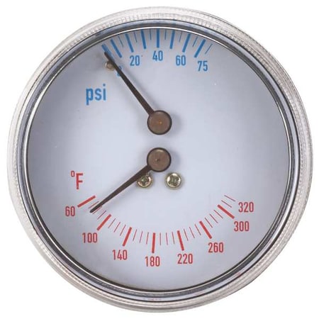 Zoro Select Boiler Gauge, Round, 0-75 PSI, 60 to 260 F, Case Color: Black 4CFC4
