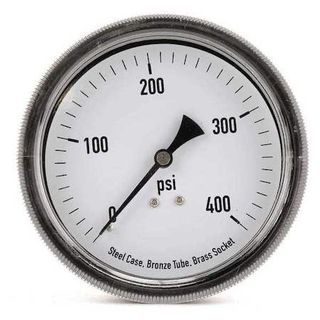 Zoro Select Panel-Mount Pressure Gauge, 0 to 400 psi, 3 1/2 in Dial, 1/4 in NPT, Center Back Location 4CFA8