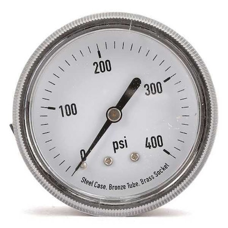 Zoro Select Panel-Mount Pressure Gauge, 0 to 400 psi, 2 1/2 in Dial, 1/4 in NPT, Center Back Location 4CFA3