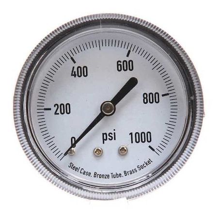 Zoro Select Panel-Mount Pressure Gauge, 0 to 1,000 psi, 2 1/2 in Dial, 1/4 in NPT, Center Back Location 4CFA5