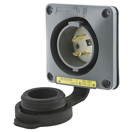 Hubbell Wiring Device-Kellems Watertight Flanged Locking Inlet, 20 A, 125V AC, Single Phase, 2 Pole, Flush Mount, Screw Terminals HBL2315SW