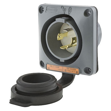 Hubbell Wiring Device-Kellems Watertight Flanged Locking Inlet, 30 A, 125/250V AC, Single Phase, 3 Pole, Flush Mount, Gray HBL2715SW