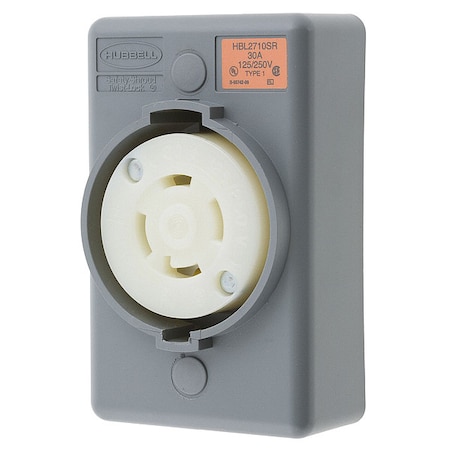 Hubbell Wiring Device-Kellems Locking Receptacle, L14-30R, 30 A, 125/250V AC, Single Phase, 3 Pole, Surface Mount, Gray HBL2710SR