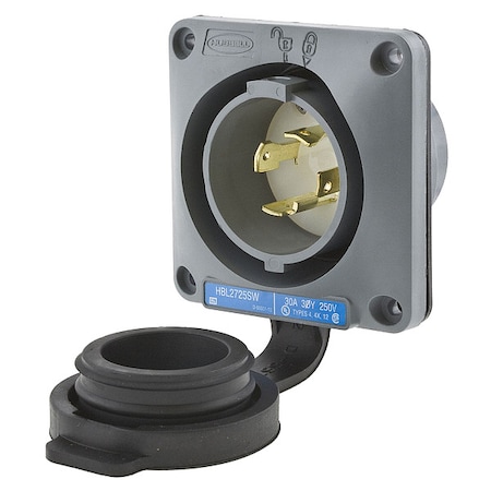 Hubbell Wiring Device-Kellems Watertight Flanged Locking Inlet, 30 A, 250V AC, Three Phase, 3 Pole, Flush Mount, Screw Terminals HBL2725SW
