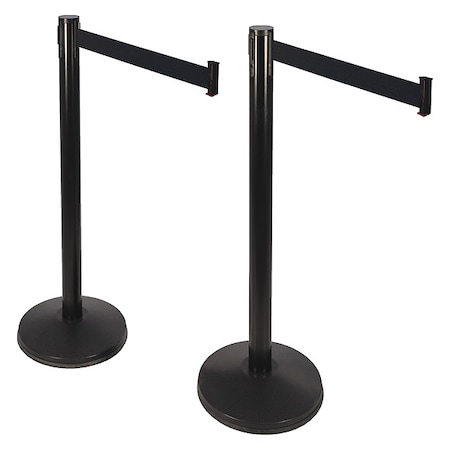 Retracta-Belt Prime Barrier Post with Belt, Black, 10 ft Length, 40 in Post Height, No Legend, Black 101SB-BK-2PK