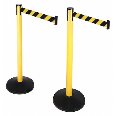 Retracta-Belt Prime Barrier Post with Belt, Yellow, 10 ft Length, 40 in Post Height, No Legend, Yellow 101YA-BYD-2PK