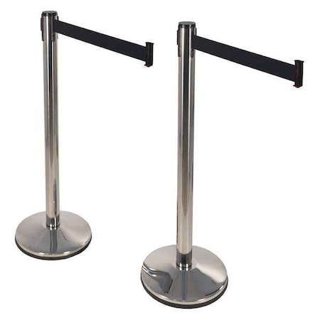 Retracta-Belt Prime Barrier Post with Belt, Silver, 10 ft Length, 40 in Post Height, No Legend 100PS1-BK-2PK