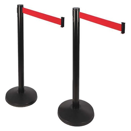 Retracta-Belt Prime Barrier Post with Belt, Black, 10 ft Length, 40 in Post Height, No Legend, Black 101SB-RD-2PK
