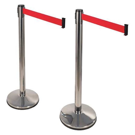 Retracta-Belt Prime Barrier Post with Belt, Silver, 10 ft Length, 40 in Post Height, No Legend 100PS1-RD-2PK