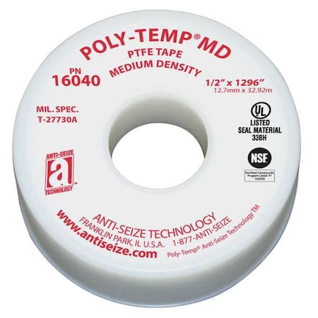 Anti-Seize Technology Thread Sealant Tape, 1/2 In. W, 1296 In. L 16040