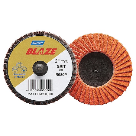 Norton Abrasives Flap Disc, MD, Grit 80, TY 3, 2in, Blaze 77696090148