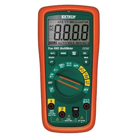 Extech Digital Multimeter, 600 V Max DC, 0.01 V Max AC, TRMS, 4,000 Instrument Counts, Backlit LCD EX350