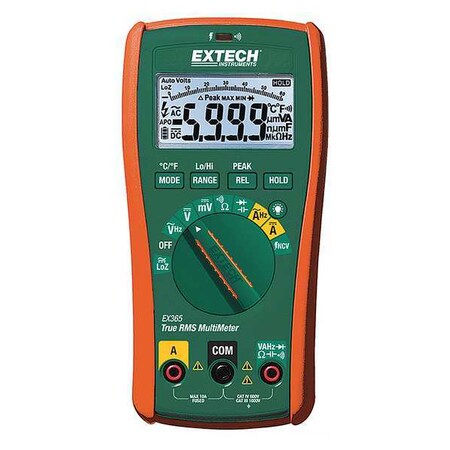 Extech Digital Multimeter, 1000 Max. AC Volts, 1000 Max. DC Volts, 10 Max. AC Amps, 10 Max. DC Amps EX365