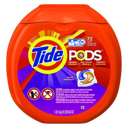 Tide Laundry Detergent, 72 ct Canister, Pacs, Spring Meadow, Orange/Purple/White, 4 PK 50978
