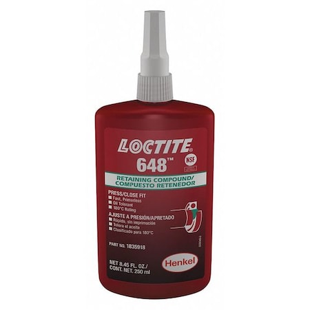 Loctite Retaining Compound, 648 Series, Green, Liquid, For Close-Fitting Parts, 250 mL Bottle 1835918