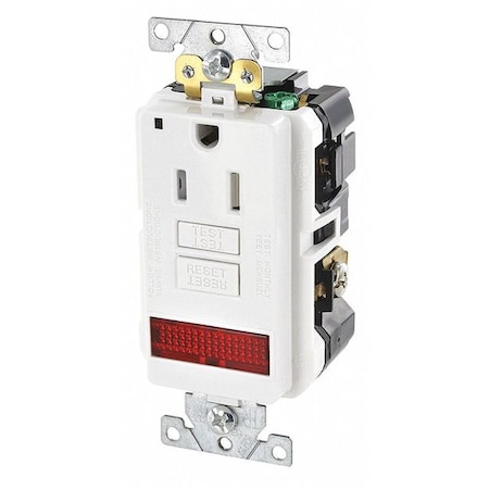 Leviton GFCI Receptacle, 15A, 125Vac, 5-15R, White GFPL1-PLW
