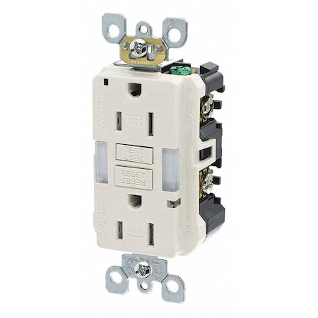 Leviton GFIRcptcl, 15A, 125VAC, Almnd, Thermoplastic GFNL1-T