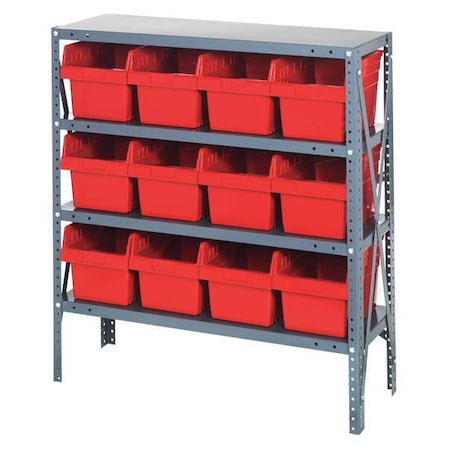 Quantum Storage Systems Steel Bin Shelving, 12 in D x 39 in H x 36 in W, 4 Shelves, Red 1239-SB807RD