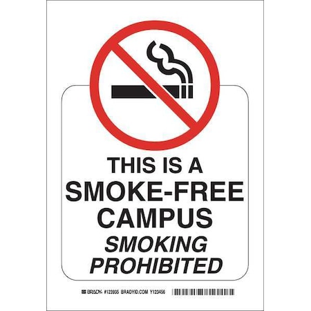 Brady No Smoking Sign, 10" H, 7 in W, Rectangle, English, 123933 123933