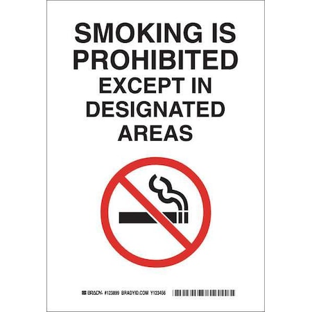 Brady No Smoking Sign, 14 in H, 10" W, Rectangle, English, 123900 123900